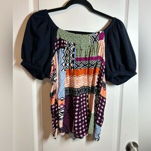 Maeve by Anthro Multicolor Patchwork Blouse with Navy Puff Sleeves - Size Small